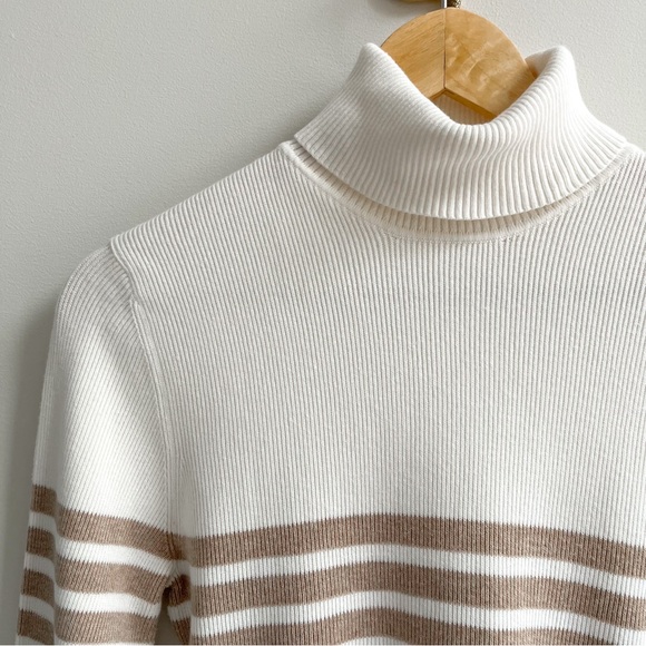 Orvis Ribbed Knit Cotton Blend Turtleneck Sweater Cream Tan Striped M - Picture 3 of 5